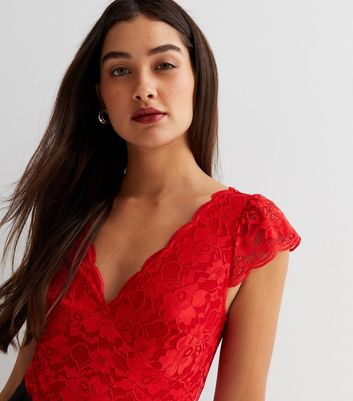 Red Lace Plunge Neck Bodysuit | New Look