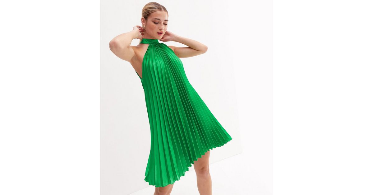 Green Satin Pleated Halter Mini Dress New Look