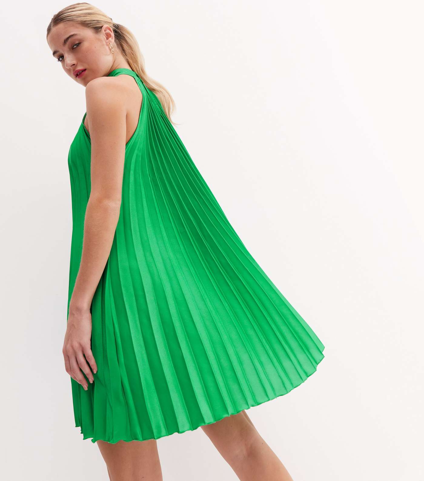 Green Satin Pleated Halter Mini Dress Image 4