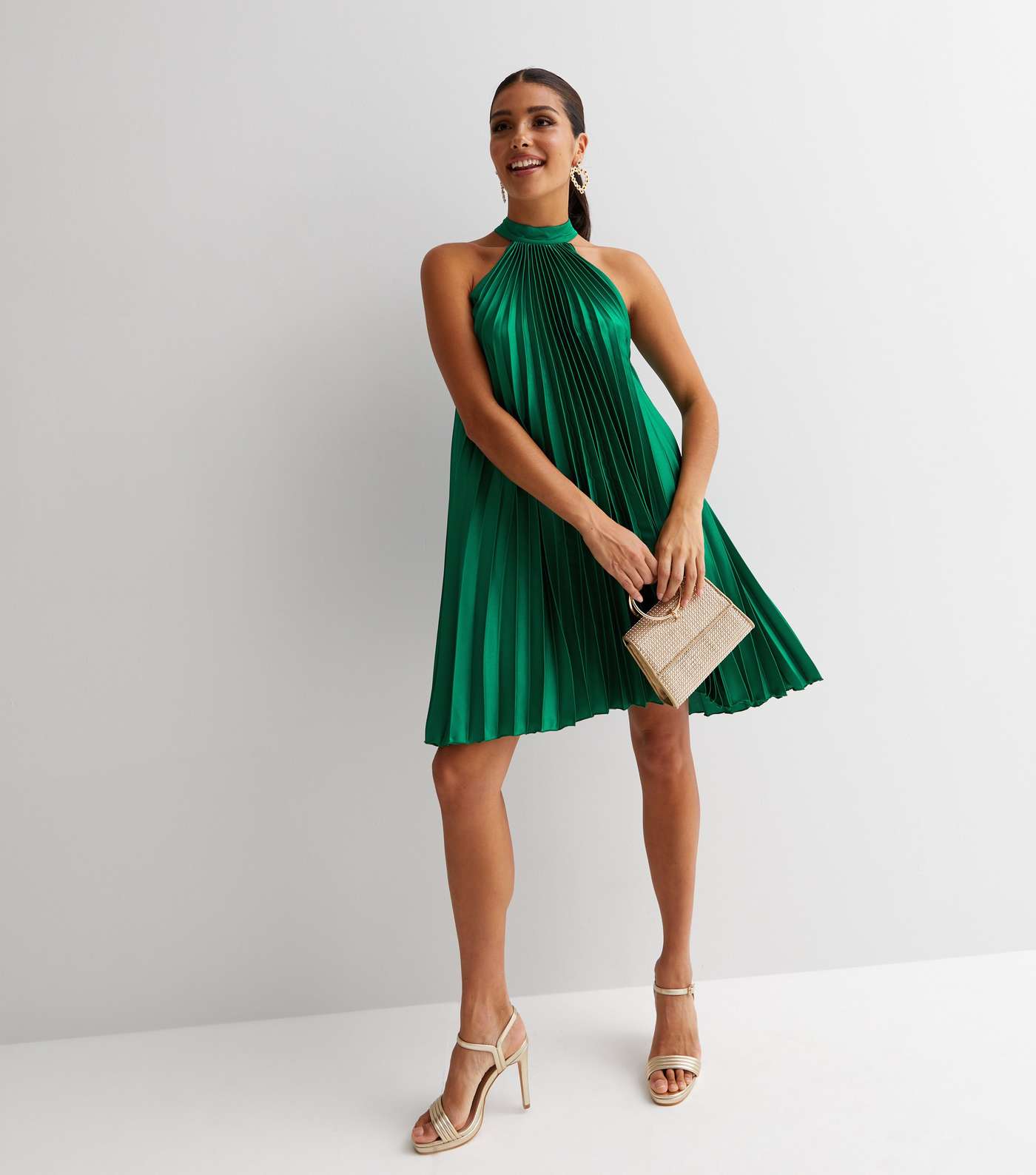 Dark Green Satin Pleated Halter Mini Dress Image 2