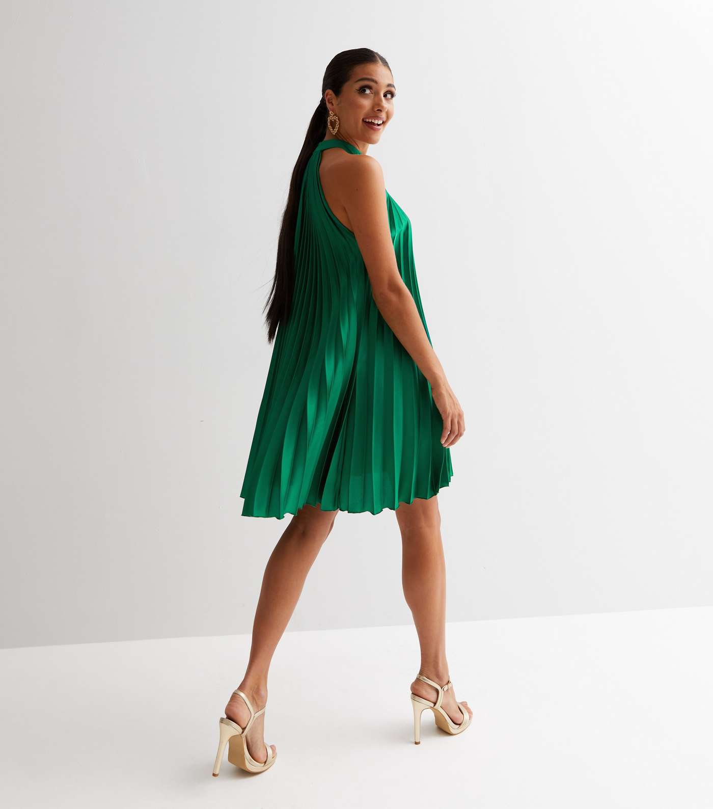 Dark Green Satin Pleated Halter Mini Dress Image 4