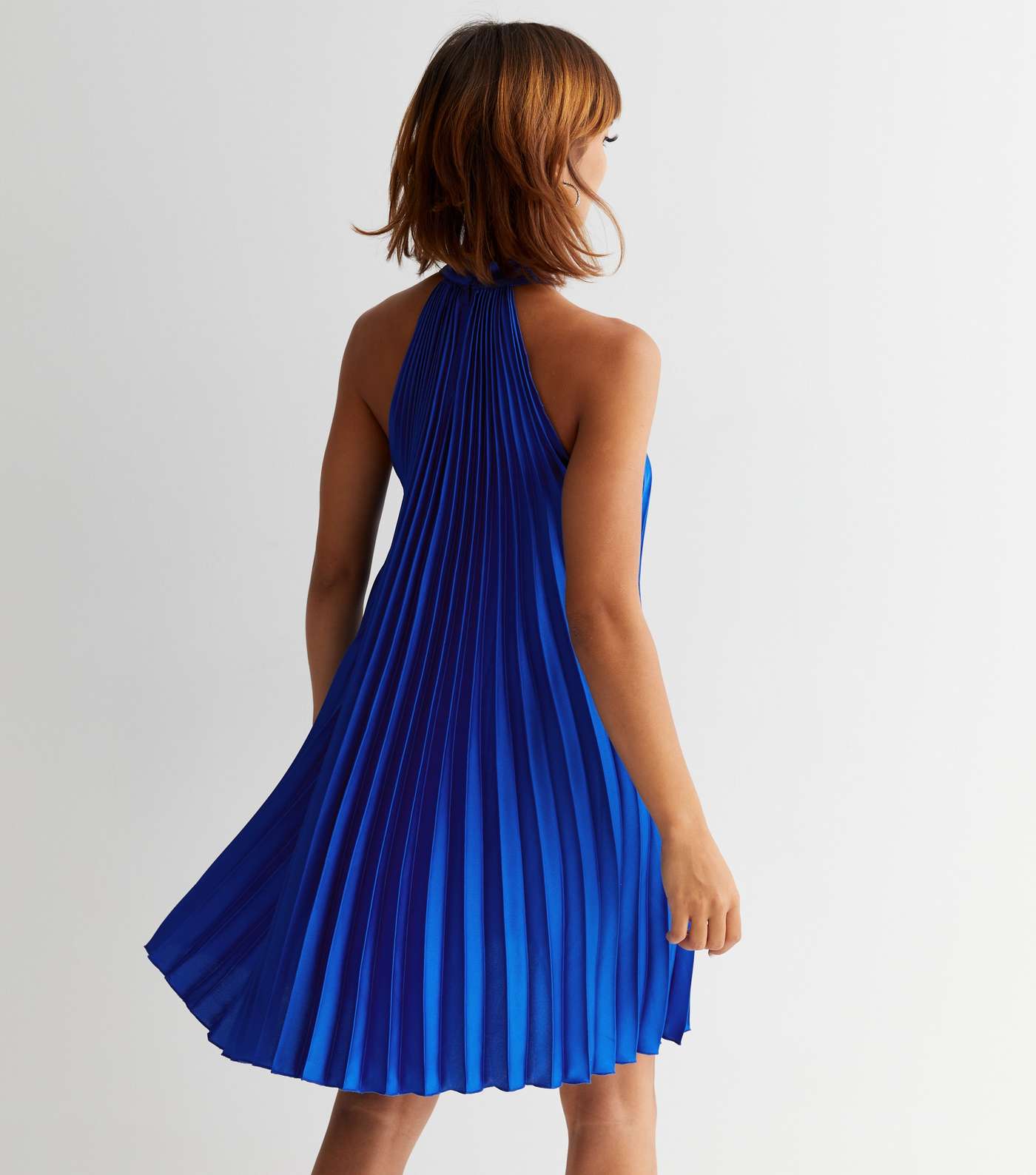 Blue Satin Pleated Halter Mini Dress Image 4