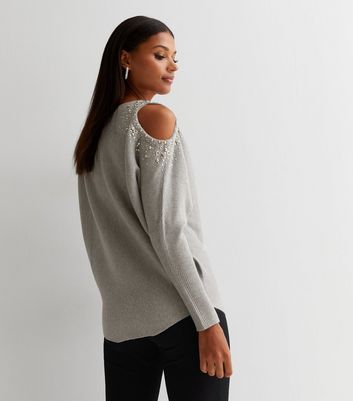 Cameo Rose Pale Grey Ribbed Knit Embellished Cold Shoulder Jumper New Look