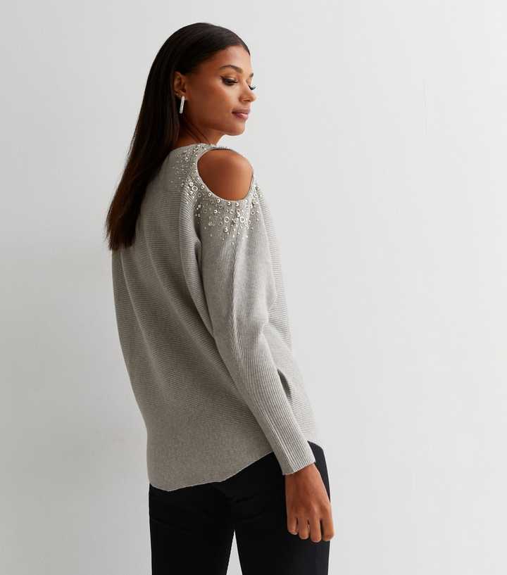 Cameo Rose Pale Grey Ribbed Knit Embellished Cold Shoulder Jumper | New Look