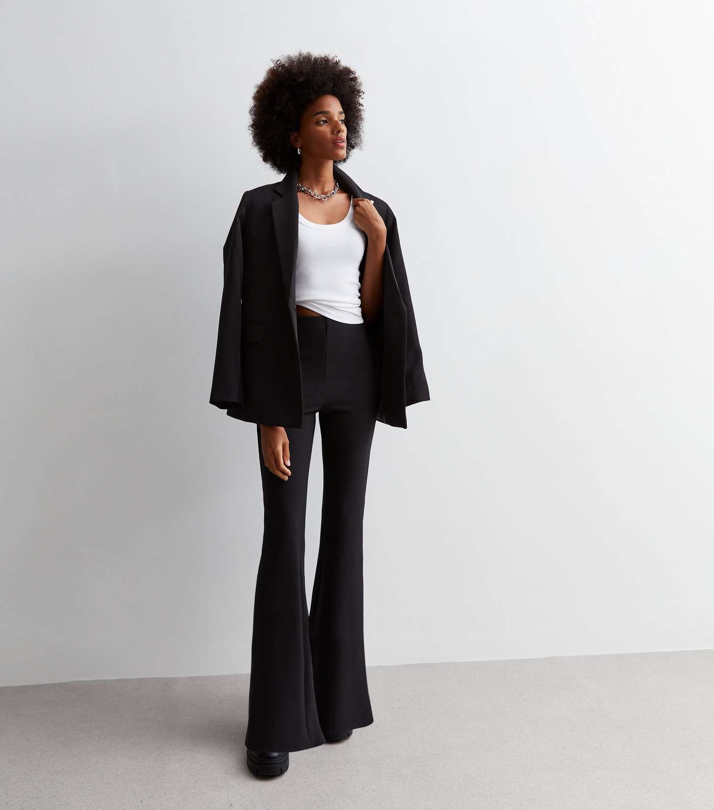 Black Ribbed Flared Trousers Image 3