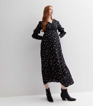 Maternity Black Ditsy Floral Long Frill Sleeve Button Front Midi Dress