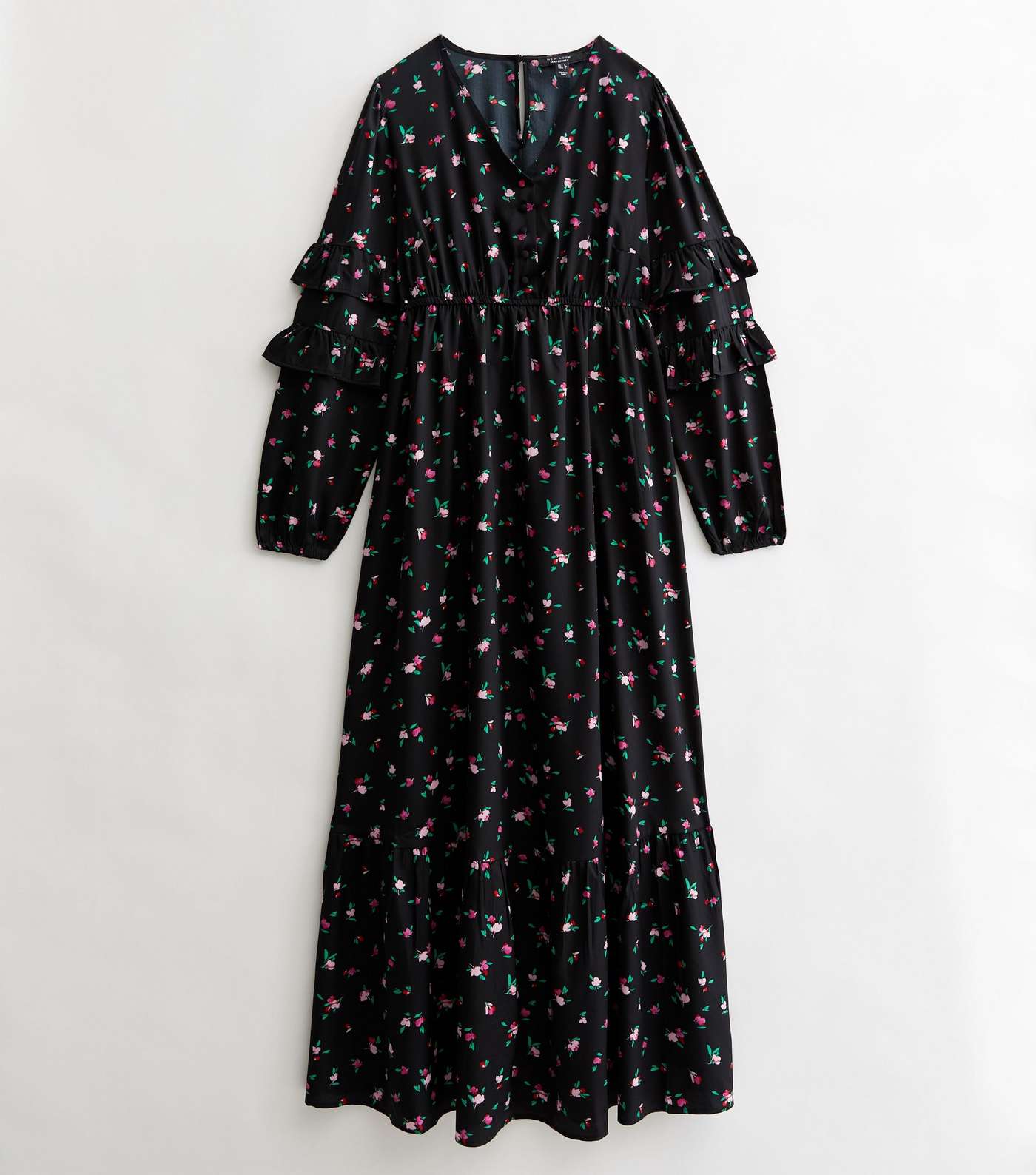 Maternity Black Ditsy Floral Long Frill Sleeve Button Front Midi Dress Image 5