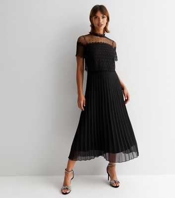 Black Lace Layer High Neck Short Sleeve Pleated Skirt Midi Dress