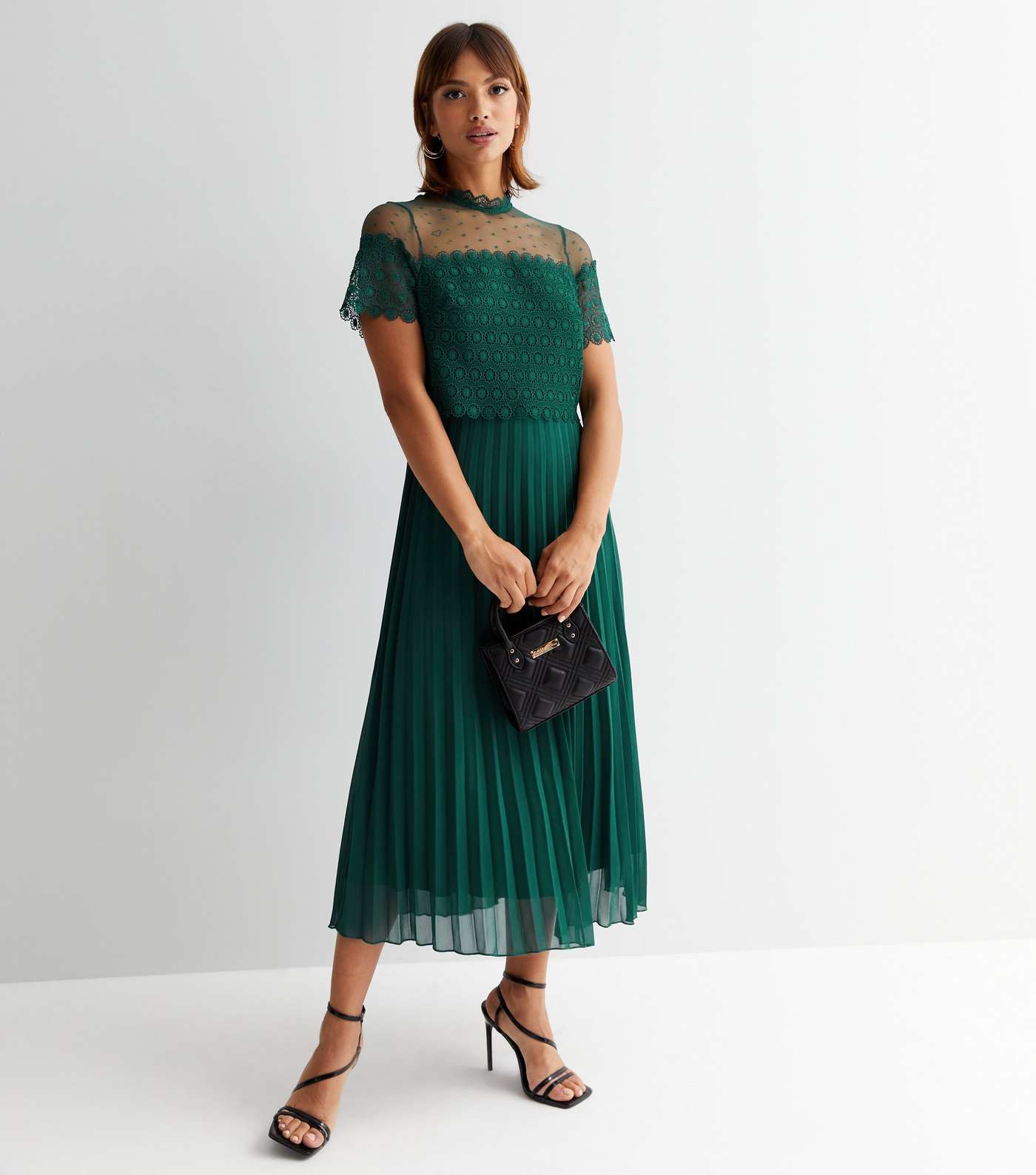 Green Short Sleeve Pleated Lace Dress | SilkFred
