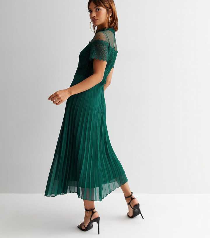 Dark Green Lace Layer High Neck Short Sleeve Pleated Skirt Midi Dress | New  Look