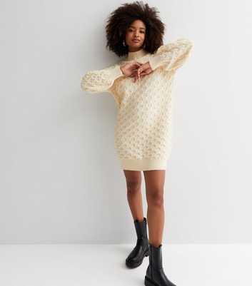 Blue Vanilla Cream Chunky Knit High Neck Mini Jumper Dress