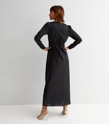 Black Satin V Neck Long Sleeve Frill Detail Midi Dress
