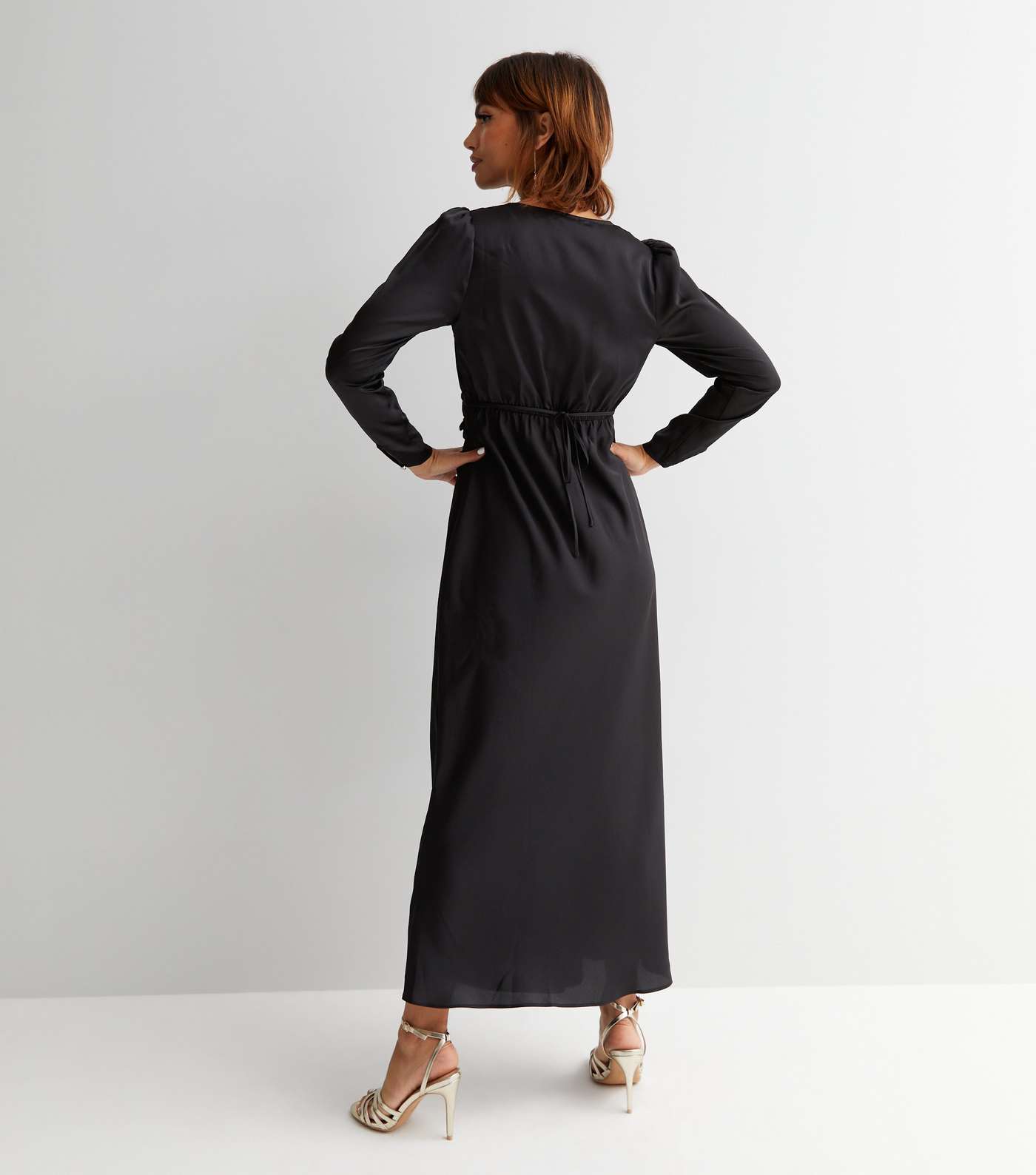 Black Satin V Neck Long Sleeve Frill Detail Midi Dress Image 4