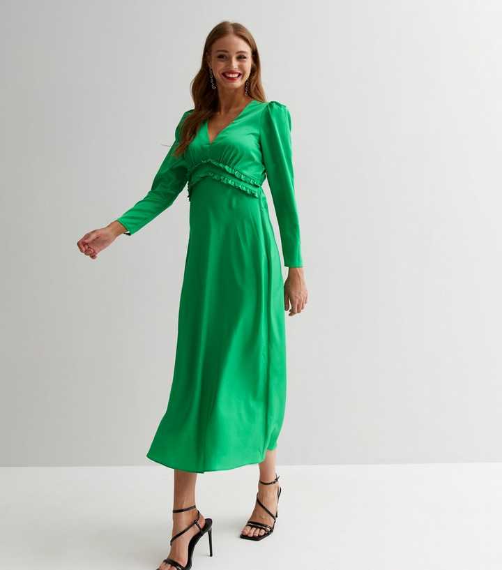 Green Satin V Neck Long Sleeve Frill Detail Midi Dress | New Look