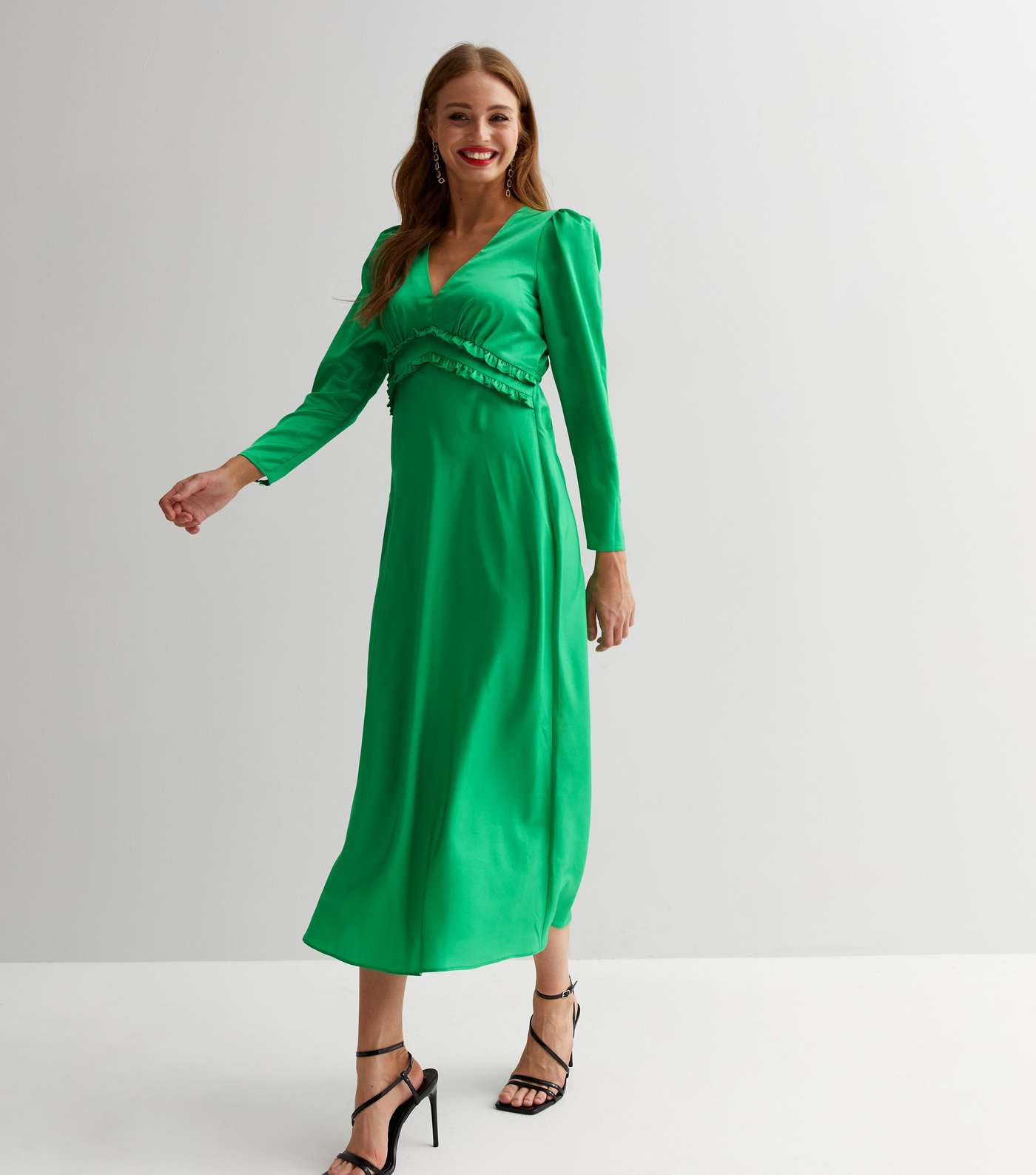 Green Satin V Neck Long Sleeve Frill Detail Midi Dress