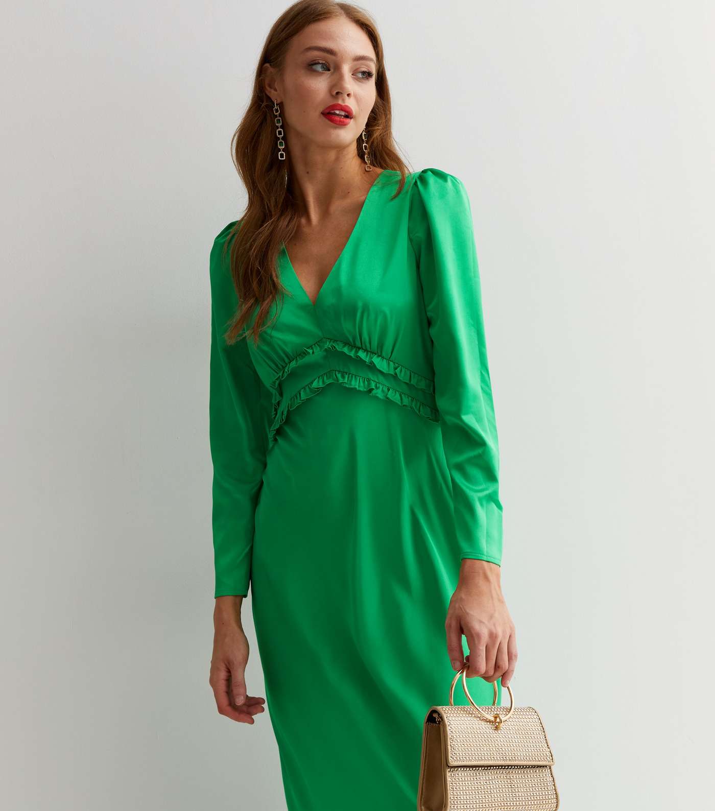 Green Satin V Neck Long Sleeve Frill Detail Midi Dress Image 3