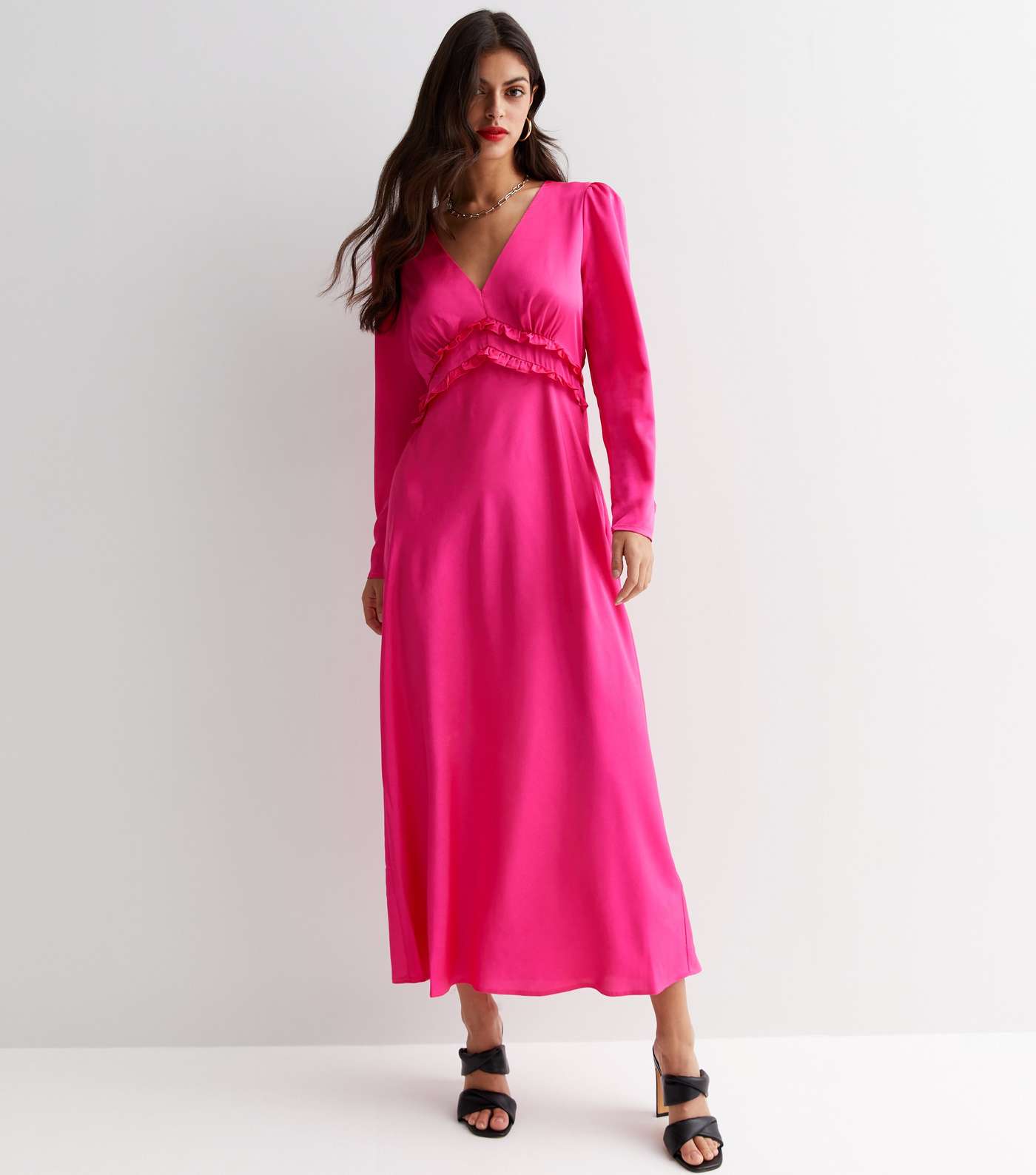 Bright Pink Satin V Neck Long Sleeve Frill Detail Midi Dress