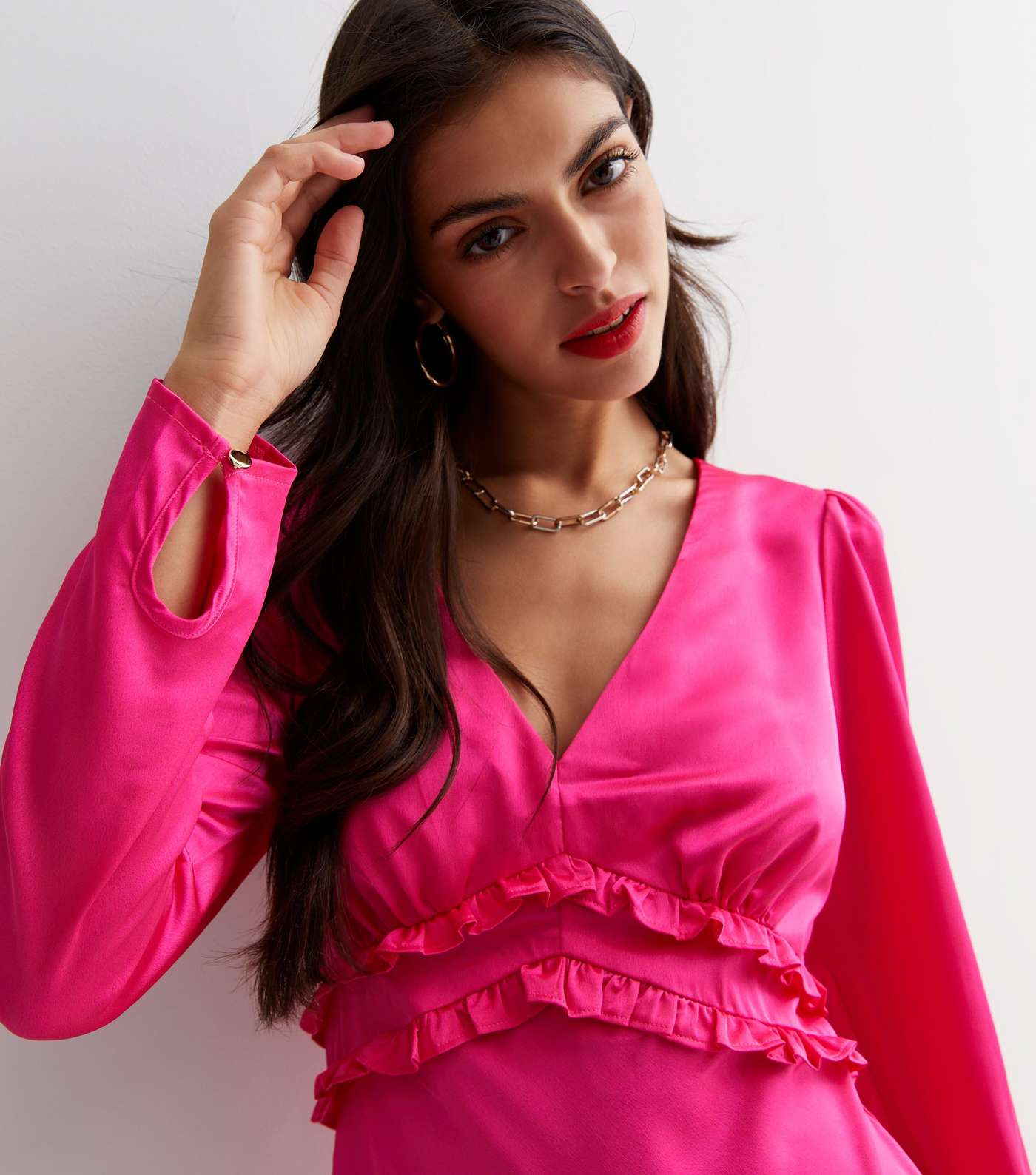 Bright Pink Satin V Neck Long Sleeve Frill Detail Midi Dress Image 3
