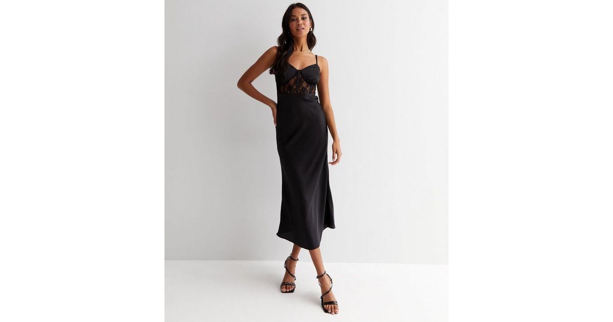 Black Satin Lace Insert Strappy Midi Dress | New Look