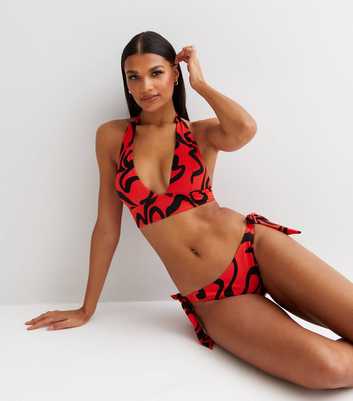 Red Marble Print Tie Side Bikini Bottoms