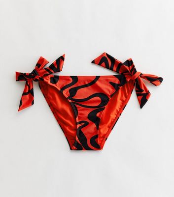 Red Marble Print Tie Side Bikini Bottoms New Look