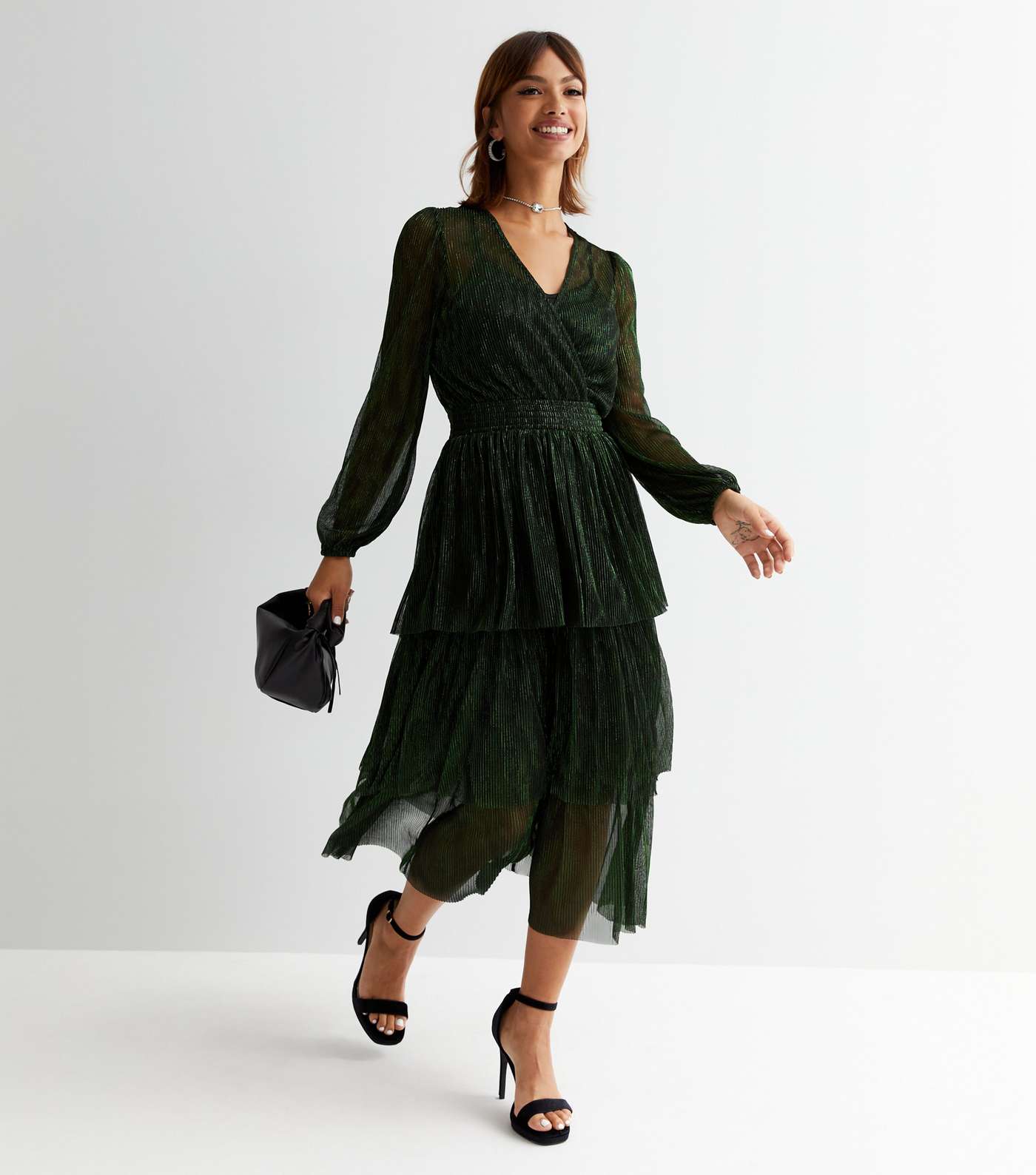 Dark Green Plissé Glitter V Neck Long Sleeve Tiered Midi Dress