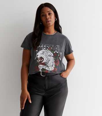 Curves Dark Grey Acid Wash Eternal Leopard Logo Oversized T-Shirt