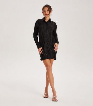 Urban Bliss Black Plisse Long Sleeve Mini Shirt Dress New Look