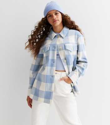 Girls Blue Check Double Pocket Shacket