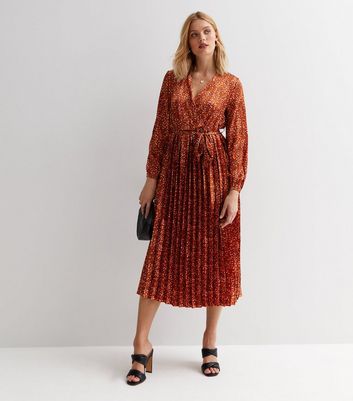 Blue Vanilla Orange Spot Satin Pleated Midi Wrap Dress