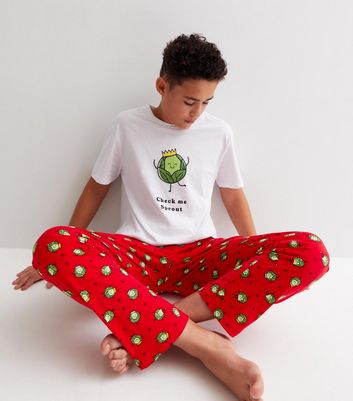 Boys White Christmas Jogger Family Pyjama Set with Brussel Sprouts Logo