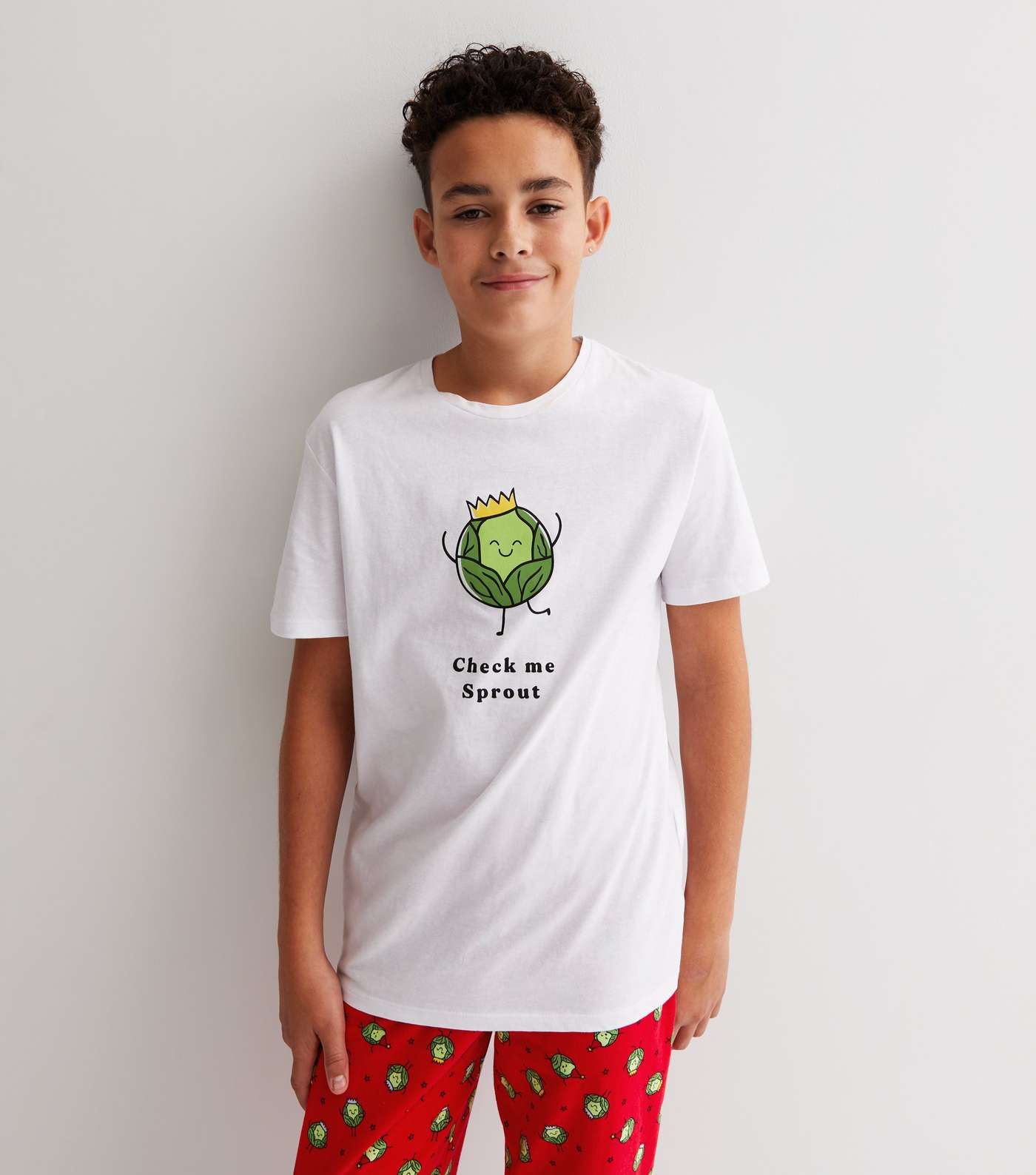 Boys White Christmas Jogger Family Pyjama Set with Brussel Sprouts Logo Image 3