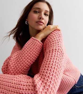 Mid Pink Moss Stitch Crew Neck Boxy Jumper