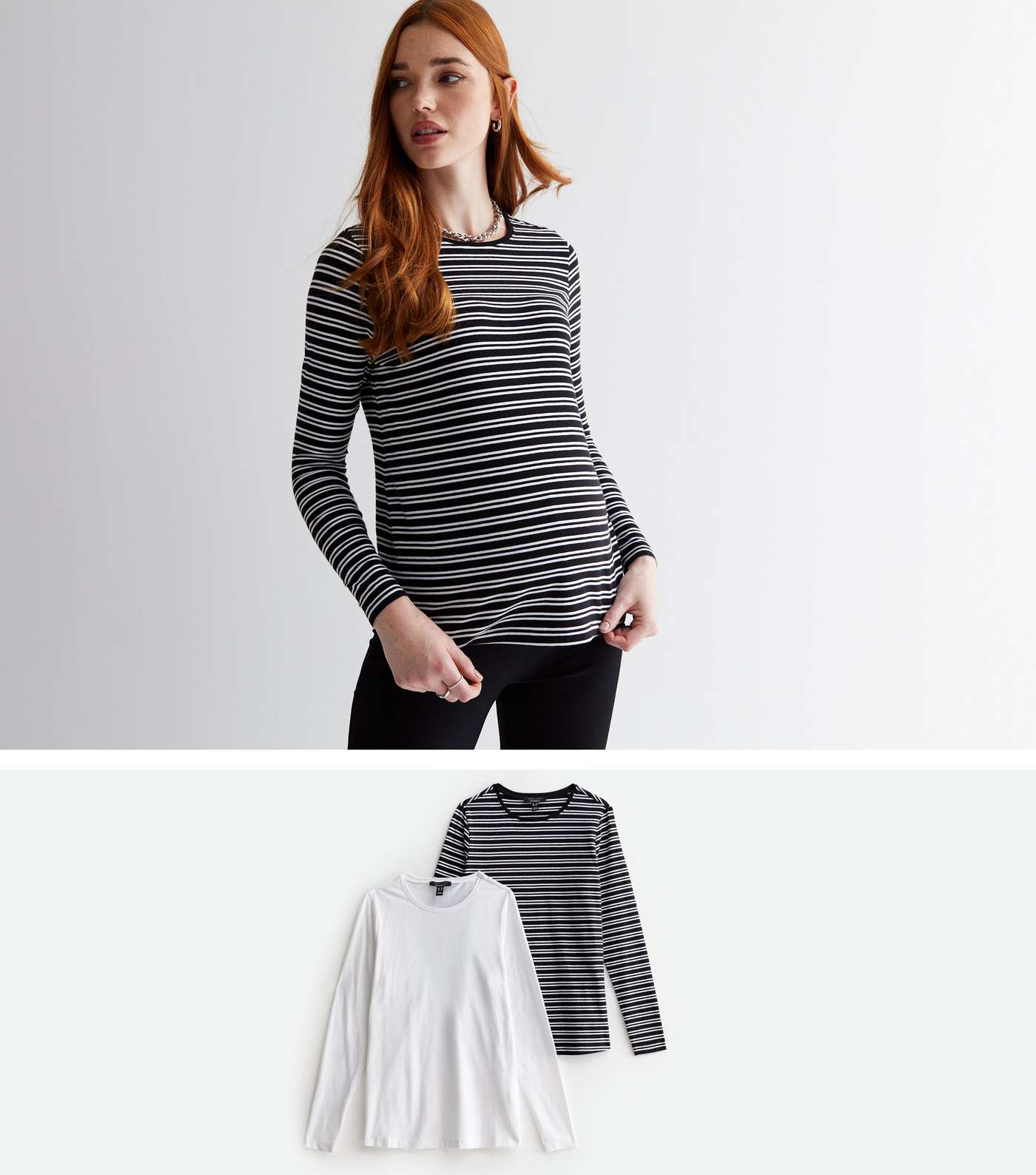 Maternity 2 Pack Black Stripe and White Crew Neck Long Sleeve T-Shirts