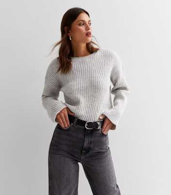 Pale Grey Ribbed Knit Crew Neck Jumper