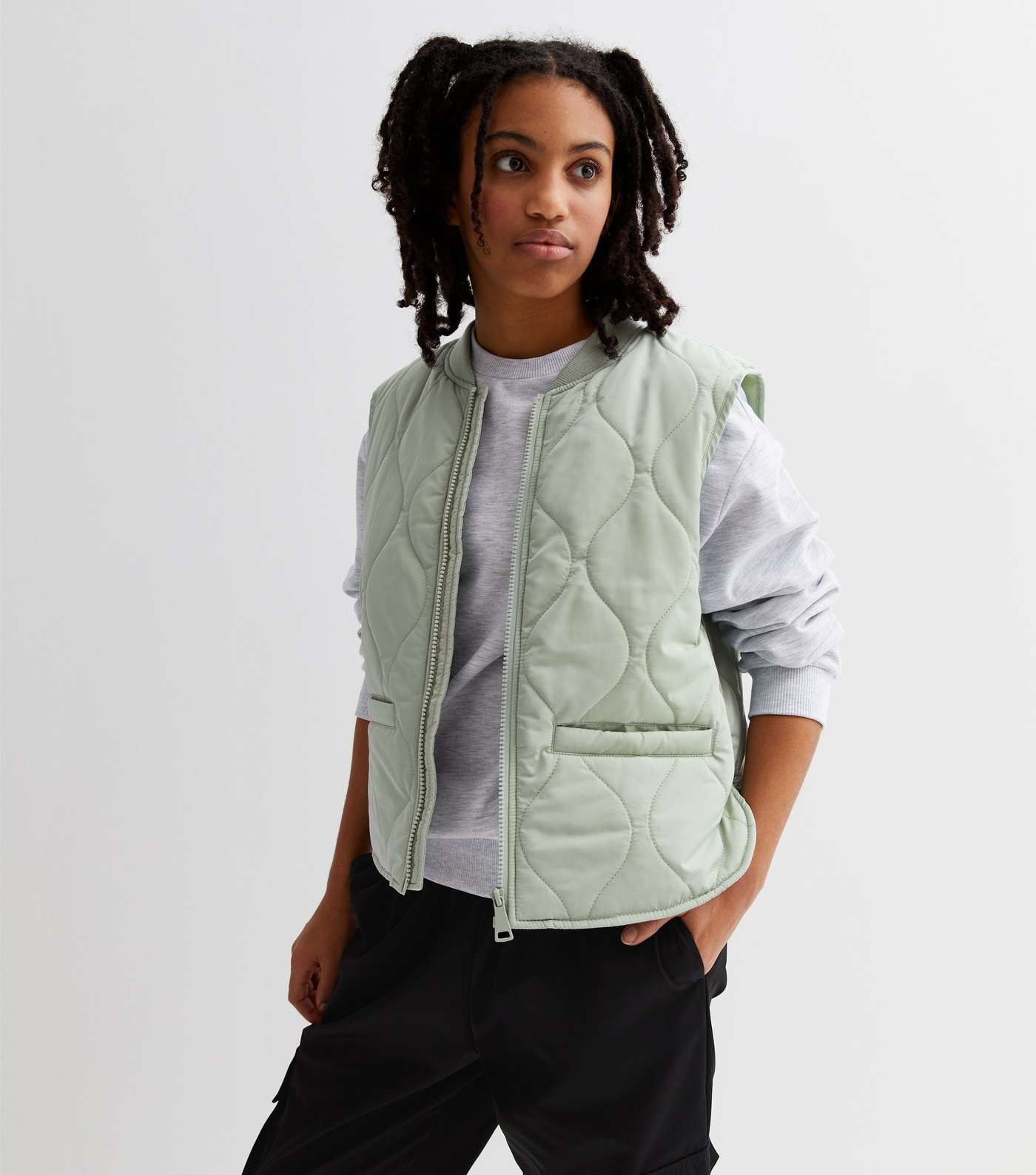 Girls Light Green Quilted Collarless Gilet Image 2