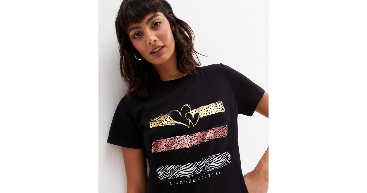 Black Metallic Animal Print LAmour Couture Logo T-Shirt | New Look Black Metallic Animal Print LAmour Couture Logo T-Shirt | New Look
