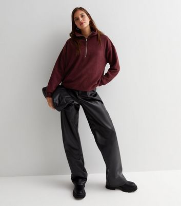 Burgundy Teddy 1/2 Zip Sweatshirt | New Look