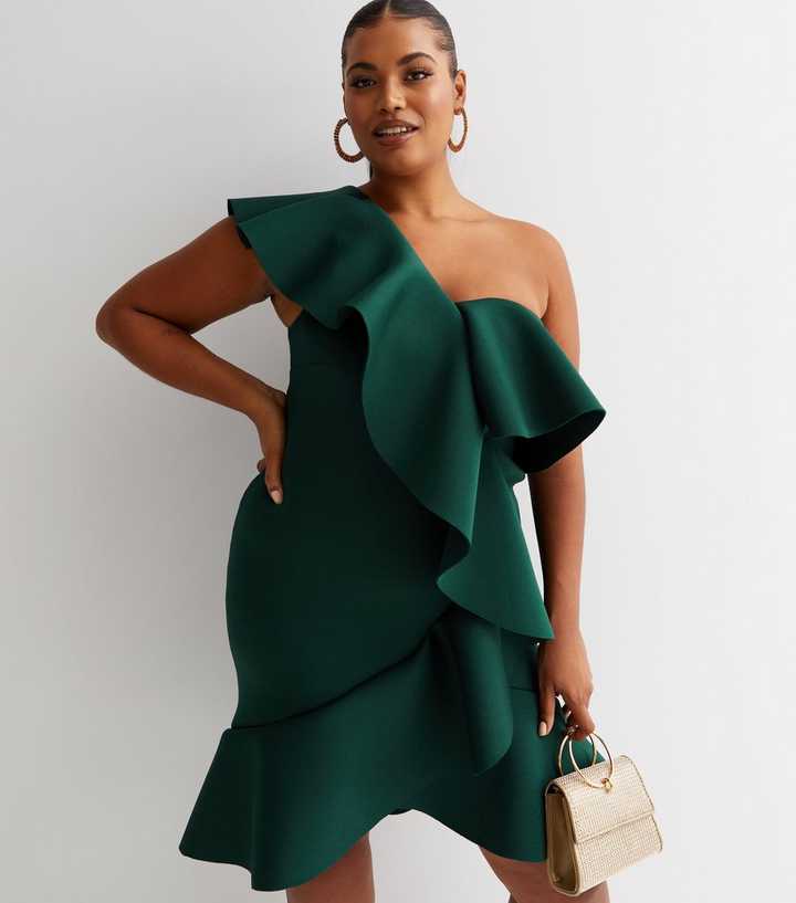 emerald green scuba dress Scuba Crepe Pleated Drop Shoulder Midi Dress - Emerald Green
