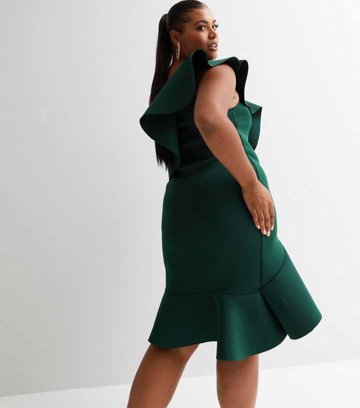 Leading Lady Dark Green Scuba Frill One Shoulder Mini Dress