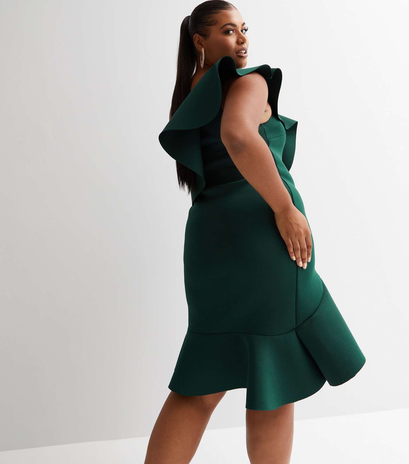 Leading Lady Dark Green Scuba Frill One Shoulder Mini Dress Image 5
