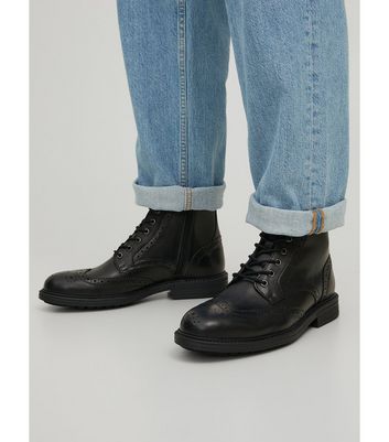 Jack & Jones Black Leather-Look Brogue Lace Up Boots