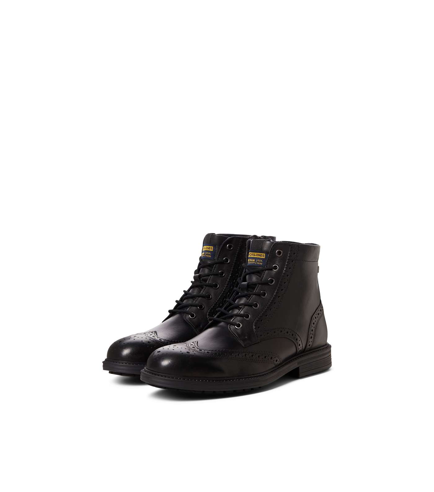 Jack & Jones Black Leather-Look Brogue Lace Up Boots Image 2