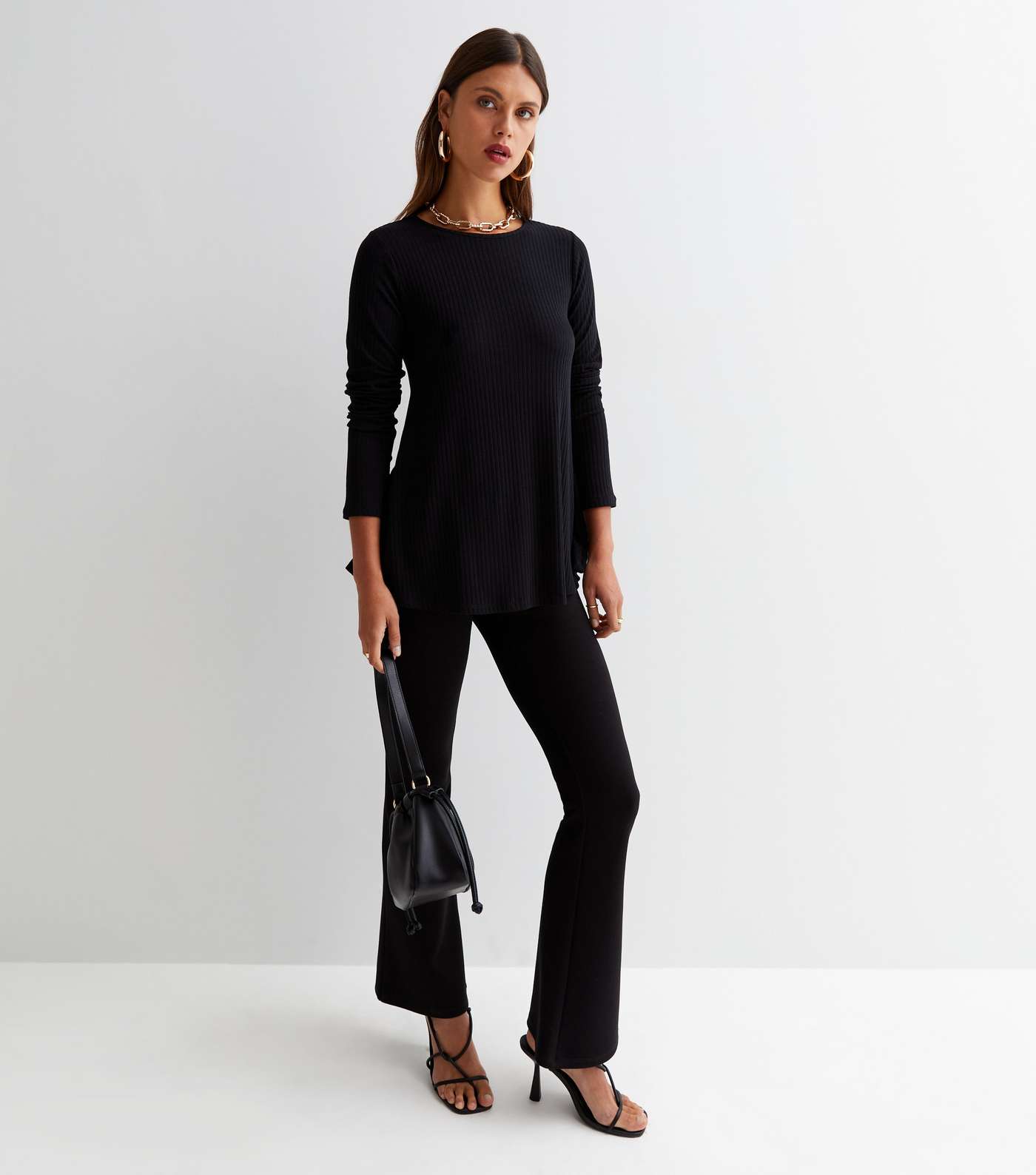 Black Ribbed Jersey Long Sleeve Swing Top Image 2