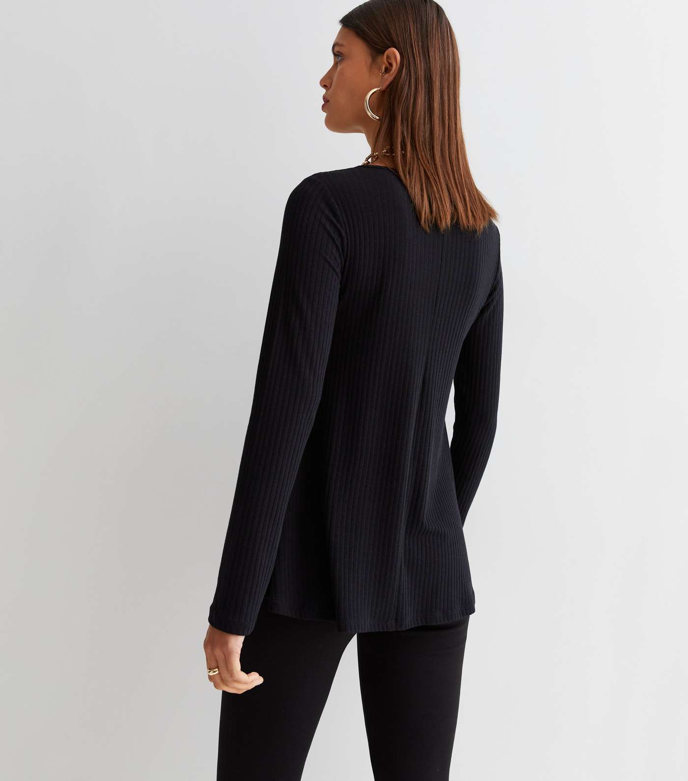 Black Ribbed Jersey Long Sleeve Swing Top Image 4
