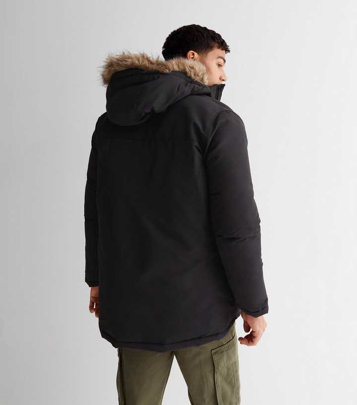 Jack u0026 Jones Black Faux Fur Hooded Parka Jacket | New Look