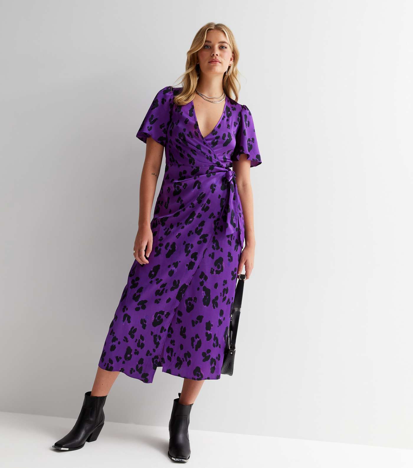 Tall Purple Leopard Print Satin Midi Wrap Dress Image 2