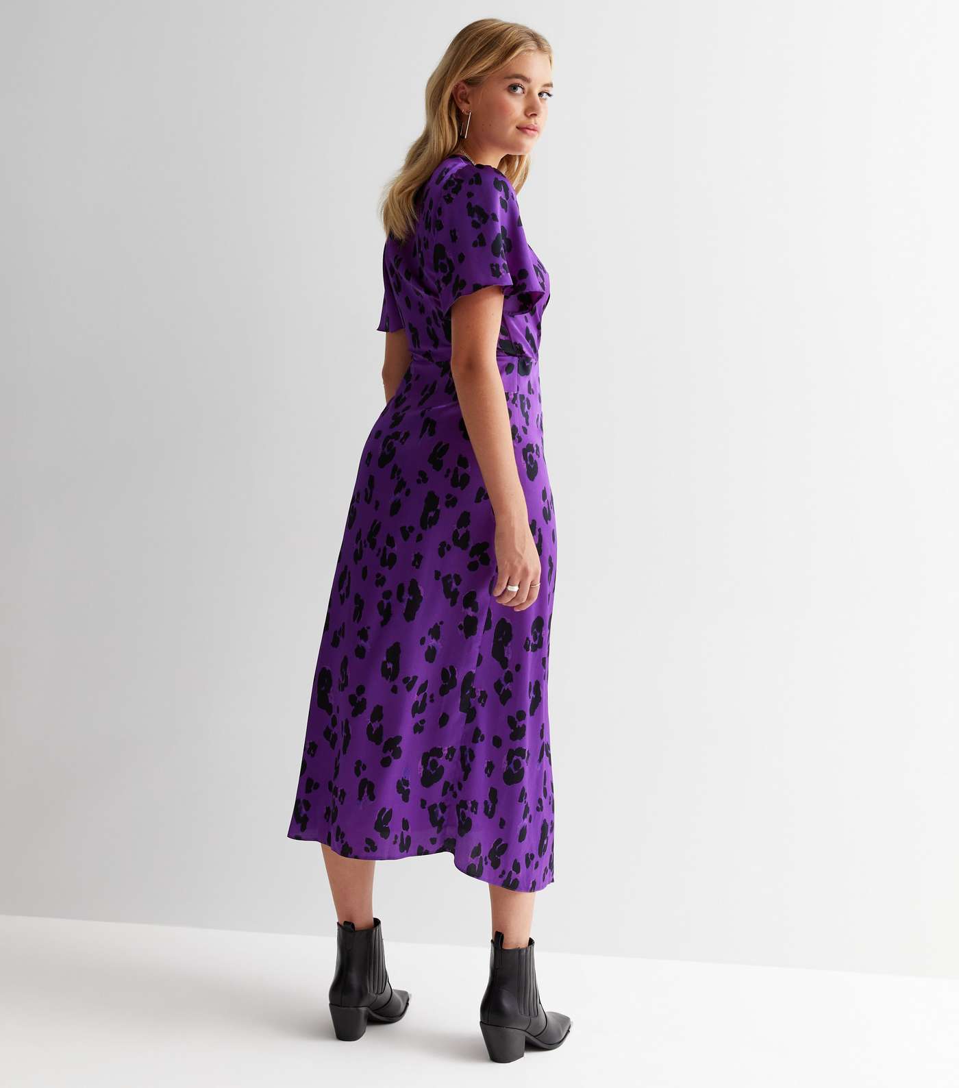 Tall Purple Leopard Print Satin Midi Wrap Dress Image 4