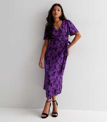 Petite Purple Leopard Print Satin Midi Wrap Dress