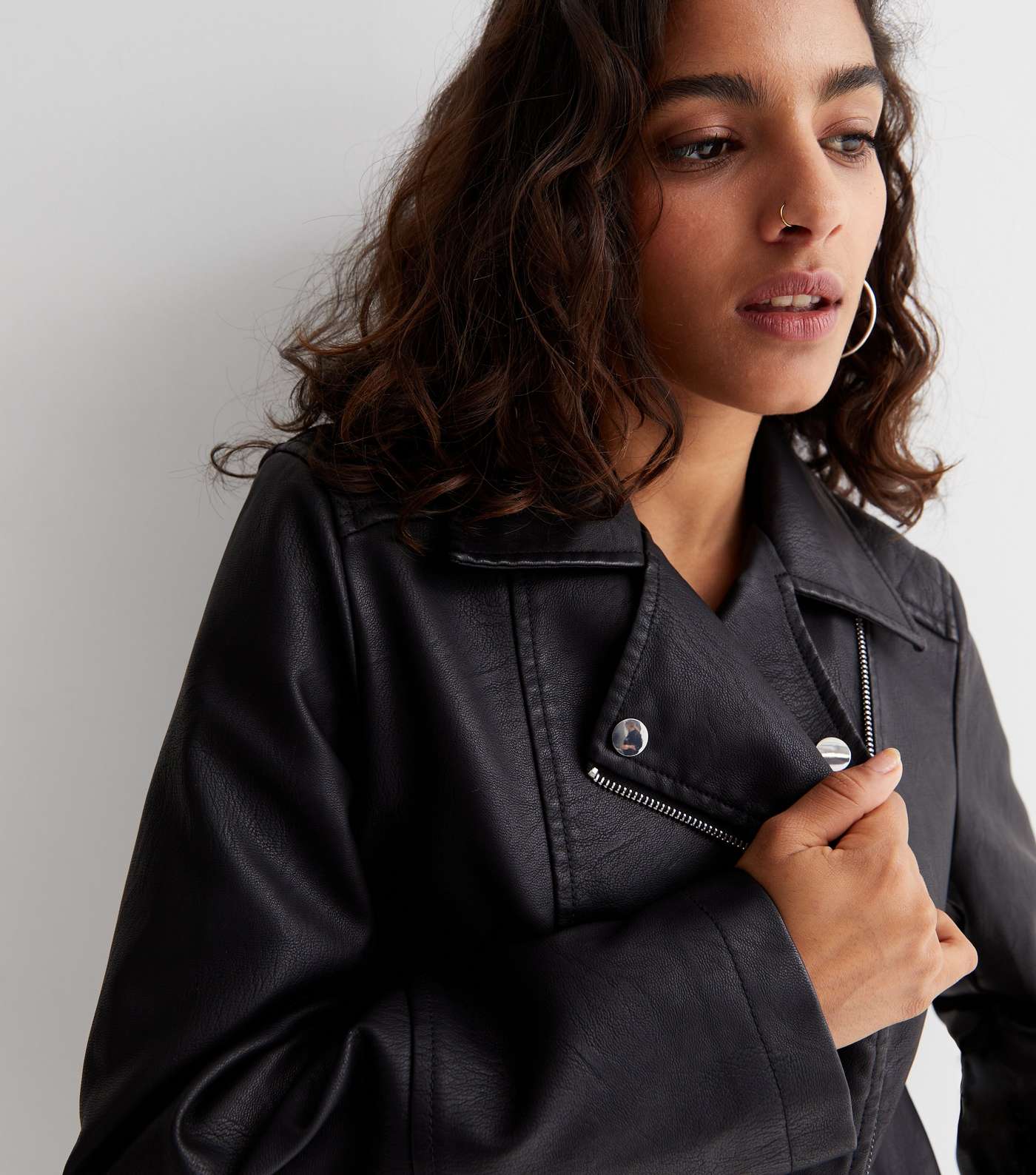 Petite Black Leather-Look Quilted Biker Jacket Image 3